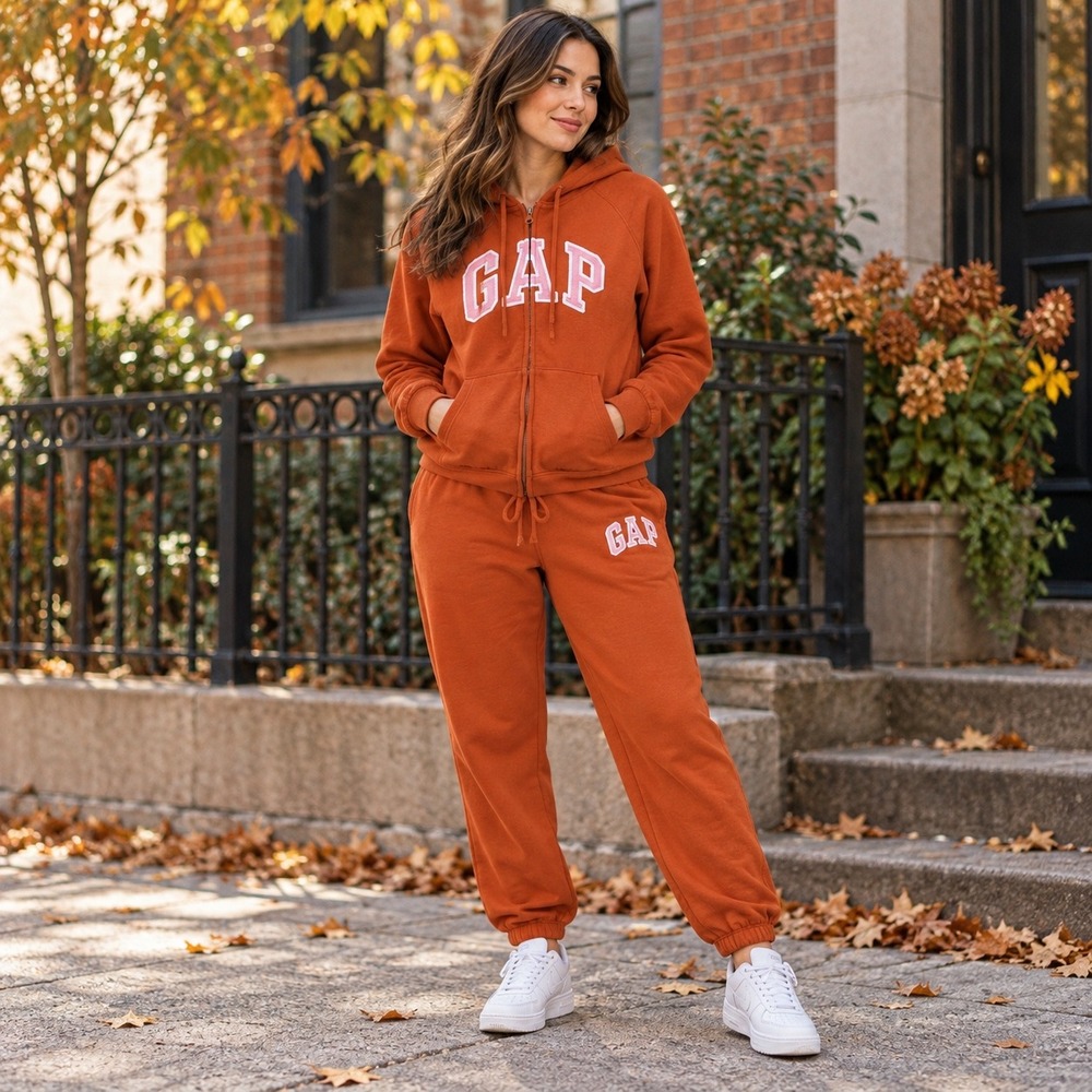 Gap Womens Burnt Rust Logo Zip Hoodie Large and Jogger Sweatpants Medium Set